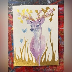 Deer Original painting Art Gold accents Antlers Butterflies Whimsical by Artist
